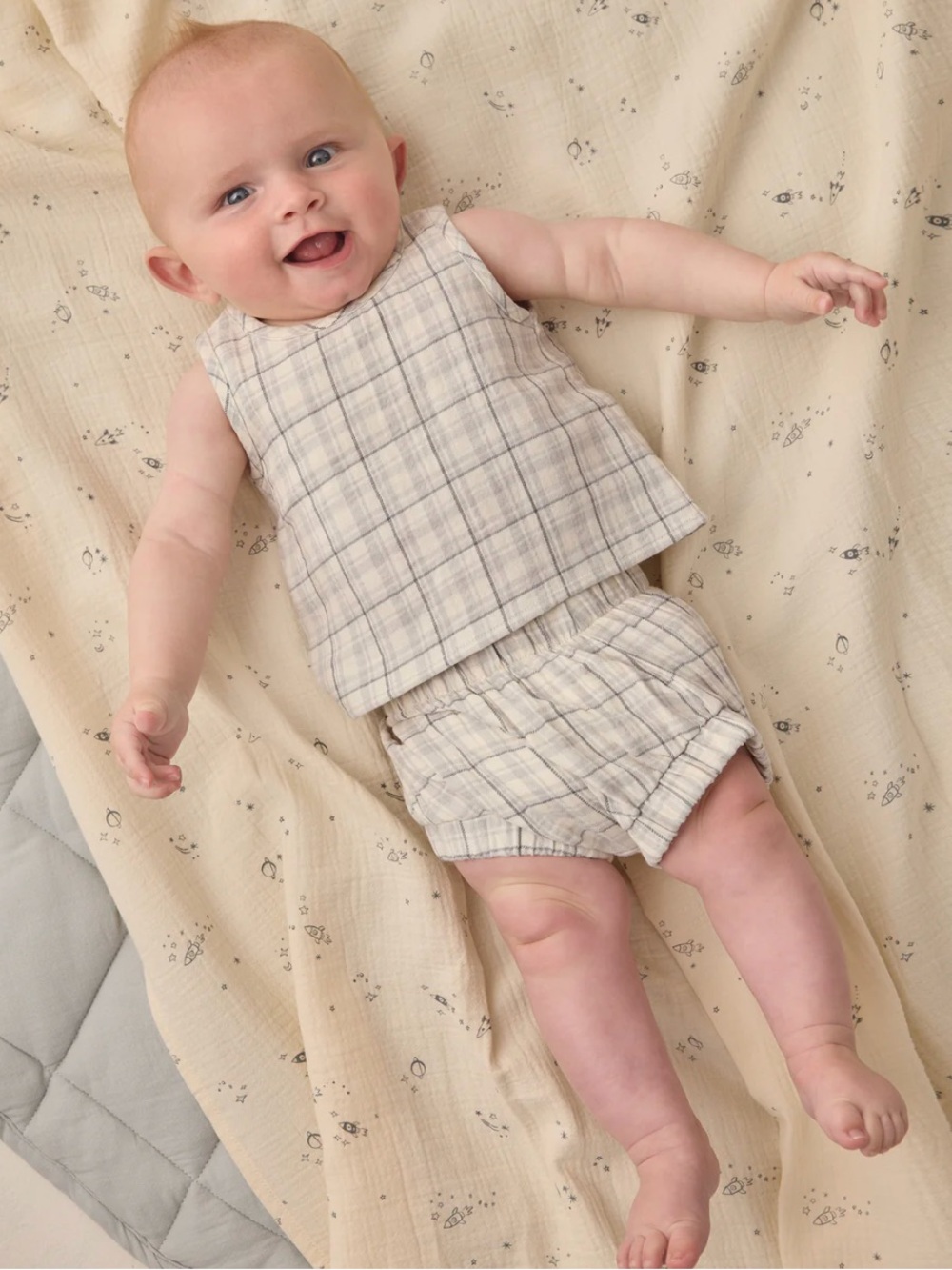 NWT $42 Quincy Mae Woven Tank Set | Blue Plaid Size 6-12 Months